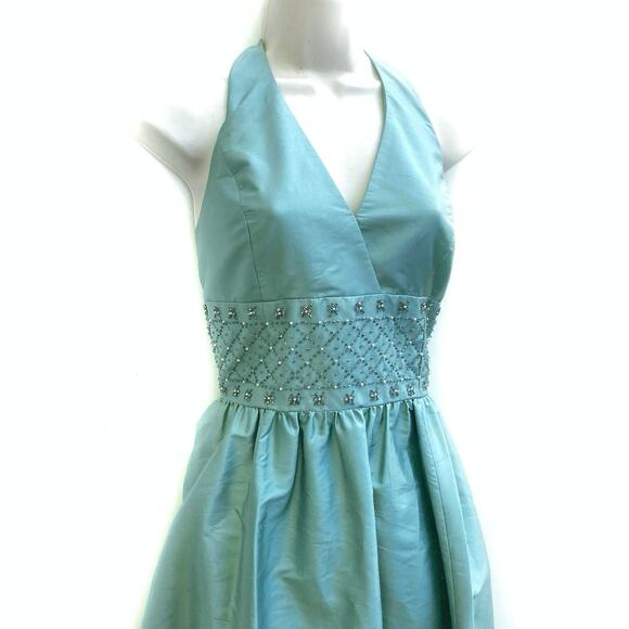 Vintage Anne Klein 100% Silk Seaglass Halter Dress | Beaded Waist | 50s Inspired - Picture 6 of 16